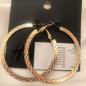 New H&M Gold Colored 2” Textured Hoop Earrings